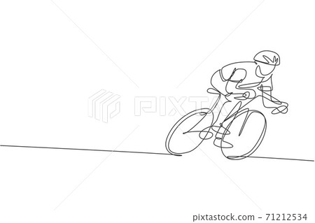 One single line drawing young energetic man bicycle racer focus training his speed vector graphic illustration. Racing cyclist concept. Modern continuous line draw design for cycling tournament banner 71212534