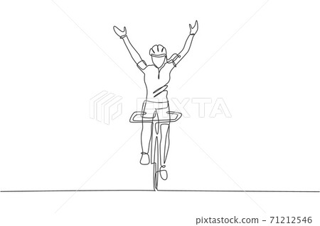 Single continuous line drawing of young agile woman cyclist raise her hands up upon the air. Sport lifestyle concept. Trendy one line draw design vector illustration for cycling race promotion media Single continuous line drawing of young agile woman cyclist raise her hands up upon the air. Sport lifestyle concept. Trendy one line draw design vector illustration for cycling race promotion media 71212546