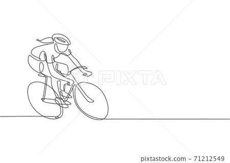One continuous line drawing young sporty woman bicycle racer pedaling her bike so fast. Road cyclist concept. Dynamic single line draw design vector illustration graphic for cycling competition poster 71212549