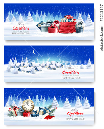 Three Holiday Christmas and New Year Banners with a Winter Village Landscape, gift boxes and Santa Hat. Vector. Three Holiday Christmas and New Year Banners with a Winter Village Landscape, gift boxes and Santa Hat. Vector. 71213167