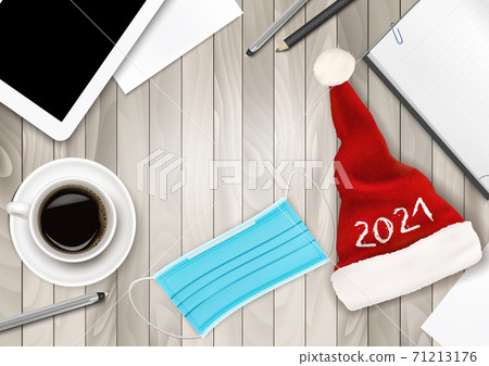 Office Background with Santa Hat, Facial mask and Office Supplies. Medical facial mask as a symbol for disease control coronavirus or covid-19 in office. Vector 71213176