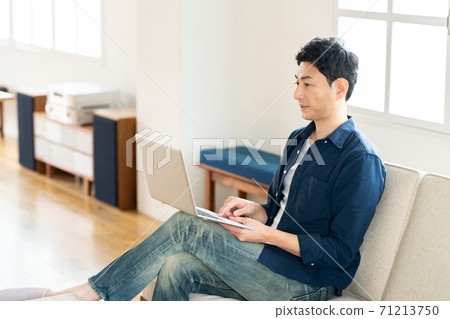 Telework Men Living Lifestyle Remote Work New Normal Business Telework Men Living Lifestyle Remote Work New Normal Business 71213750