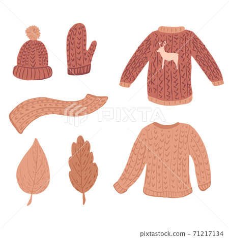Composition ugly sweater on white background. Russet kit season clothing from sweater, mitten, cap, scarf and foliage sketch hand drawn in style doodle. Composition ugly sweater on white background. Russet kit season clothing from sweater, mitten, cap, scarf and foliage sketch hand drawn in style doodle. 71217134