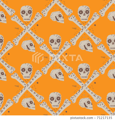 Grey skulls and bones seamless skeleton pattern. Danger symbol on bight orange background. Grey skulls and bones seamless skeleton pattern. Danger symbol on bight orange background. 71217135