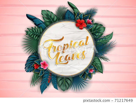 Branches and leaves of tropical plants. Round floral frame Branches and leaves of tropical plants. Round floral frame 71217649