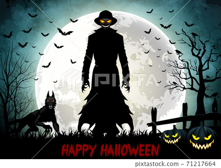 Halloween death with grim reaper , wolf and pumpkins Halloween death with grim reaper , wolf and pumpkins 71217664