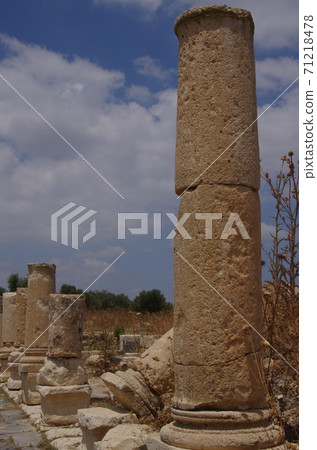 [Jordan] Irbid, stone pillars of Ummukais ruins 71218478