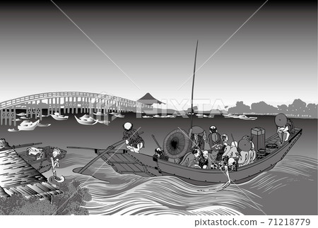 Katsushika Hokusai image Ryogoku Bridge sunset black and white from the bank Katsushika Hokusai image Ryogoku Bridge sunset black and white from the bank 71218779