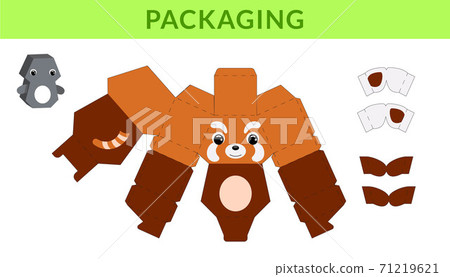 Party favor die cut red panda box for birthdays, baby showers for sweets, candies, small presents, bakery. Retail box blueprint template design. Print, cutout, fold, glue. Vector stock illustration. 71219621