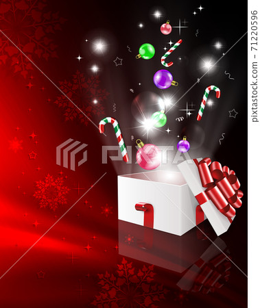 Christmas red composition with snowflakes and a white box, holiday toys, ribbons, bright light from the box 71220596