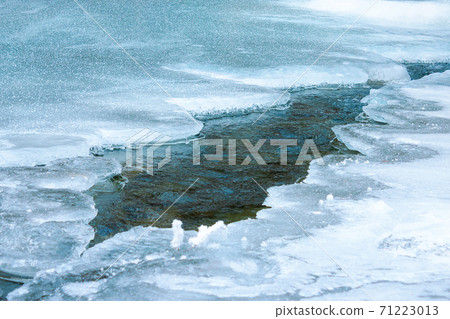 ice texture on the river. close up background. blue color in day light. water flow among cracks ice texture on the river. close up background. blue color in day light. water flow among cracks 71223013