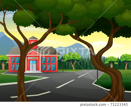 Street scene with school building and green nature 71223345