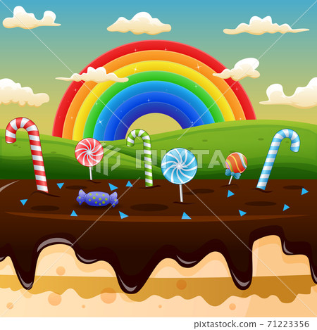 Scene with candy land and rainbow on a background of meadows Scene with candy land and rainbow on a background of meadows 71223356