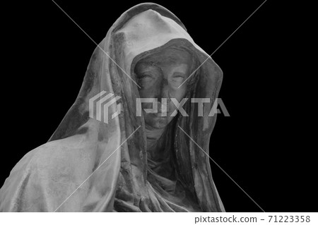 Face of statue of grieving woman isolated on black background. Plaster antique sculpture of young woman face. Gypsum head portrait copy 71223358