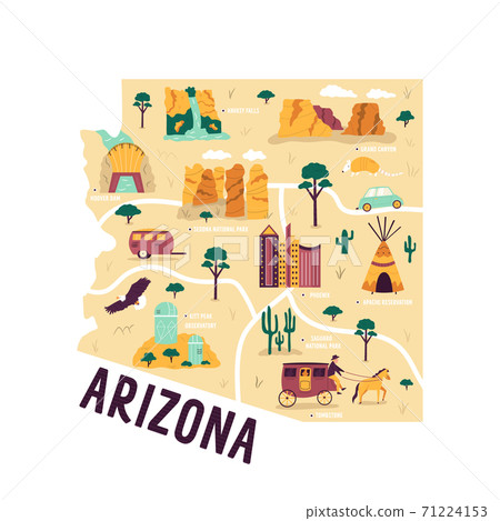 Ilustrated map of Arizona state, USA, with famous landmarks, cities 71224153
