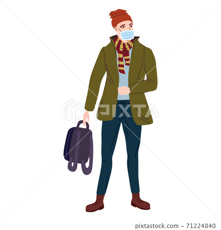 Young man student in modern autumn trendy clothes. In medical mask, individual protection from viruses, smog, vapor. Fashion casual outerwear street style character. Flat cartoon style vector isolated 71224840