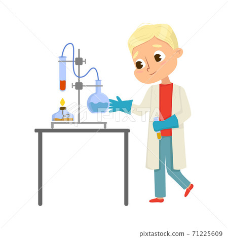 Cute Boy in Laboratory Coat Conducting Chemical Experiments in Glass Flask Vector Illustration 71225609