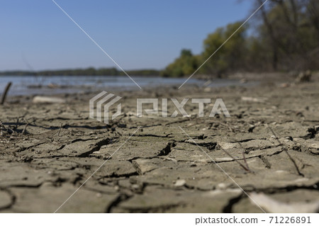 Cracked, muddy ground at the river bank with river Danube in background Cracked, muddy ground at the river bank with river Danube in background 71226891