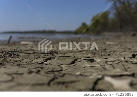 Cracked, muddy ground at the river bank with river Danube in background 71226892