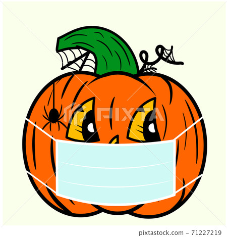 Illustration of a happy Halloween pumpkin with a face mask. Vector EPS 10 Illustration of a happy Halloween pumpkin with a face mask. Vector EPS 10 71227219