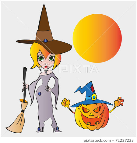Vector. A witch with a Halloween pumpkin, Vector EPS 10 Vector. A witch with a Halloween pumpkin, Vector EPS 10 71227222