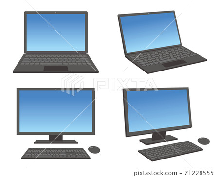 從前面和對角線/白色背景查看的插圖集的台式機和便攜式計算機 從前面和對角線/白色背景查看的插圖集的台式機和便攜式計算機 71228555
