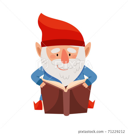 Funny Gnome Character with Red Pointed Hat and White Beard Reading Book Vector Illustration 71229212