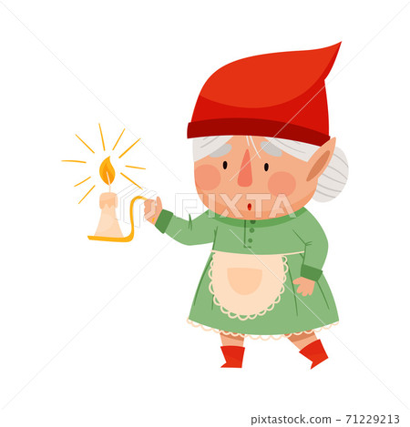 Cute Female Gnome Character in Apron and Red Pointed Hat Carrying Lighting Candle Vector Illustration 71229213