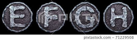 Set of capital letters E, F, G, H made of forged metal in the center of coin isolated on black background. 3d Set of capital letters E, F, G, H made of forged metal in the center of coin isolated on black background. 3d 71229508