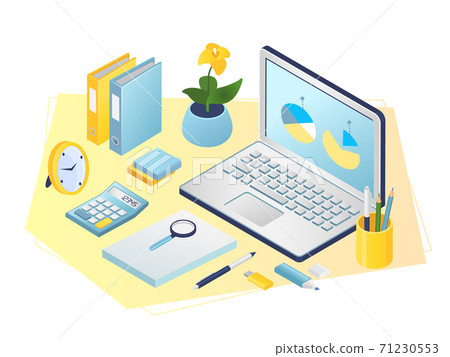 Workplace, office, business cabinet flat vector illustration. Office room with laptop computer, papers documents, pens, calculator and plant. Workplace, office, business cabinet flat vector illustration. Office room with laptop computer, papers documents, pens, calculator and plant. 71230553