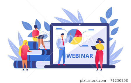 Webinar, people on online conference, business man working in office, education on internet, e-learning flat vector illustration. Webinar, people on online conference, business man working in office, education on internet, e-learning flat vector illustration. 71230598