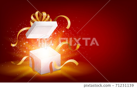 Red opened 3d realistic gift box with magical shining glow and golden ribbons flying off cover on red background, place for your text vector illustration 71231139