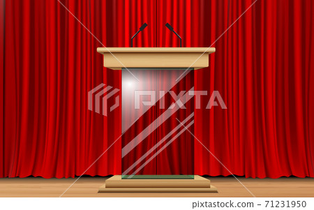 glass announcement podium and red curtain on... - Stock Illustration ...