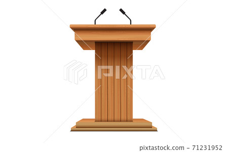 wooden announcement podium and microphone on the white background 71231952