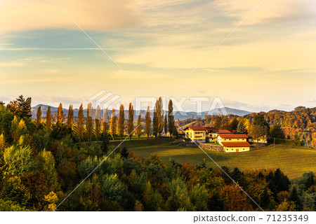 South styria vineyards landscape, Tuscany of Austria. Sunrise in autumn. 71235349