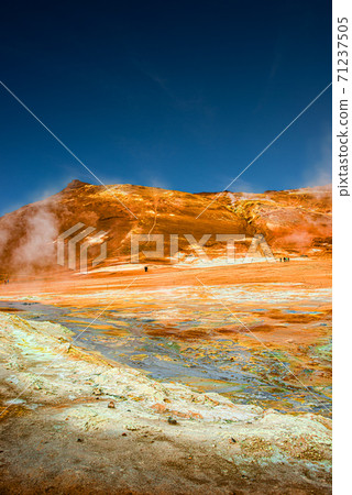 Martian landscape at Hverir geothermal active zone near Myvatn lake in Iceland at blue deep sky, summer 71237505