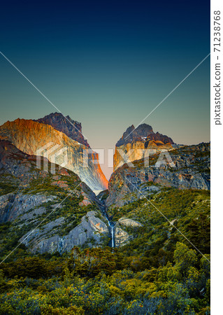 Magical colorful sunrise at major peaks, standing high towers te 71238768