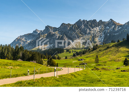 Schwaegalp mountain pass road, view of the Alpstein massif and Saentis, Switzerland Schwaegalp mountain pass road, view of the Alpstein massif and Saentis, Switzerland 71239716