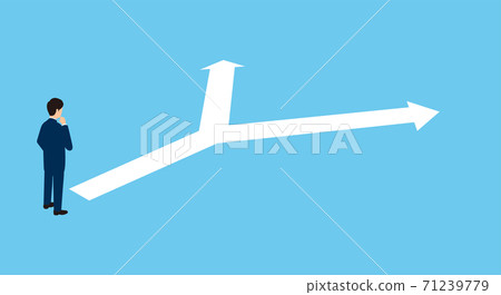 White arrow divided into two, troubled businessman, 3D illustration, vector illustration White arrow divided into two, troubled businessman, 3D illustration, vector illustration 71239779