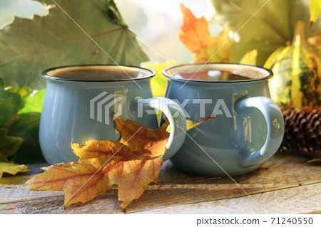 A couple of cups of hot coffee, pumpkins, leaves on the background of the window, the concept of home comfort 71240550
