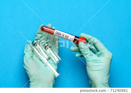 lab technician assistant or doctor wearing rubber or latex gloves holding an ampoule with medicine or vaccine and test tube with blood sample 71240981