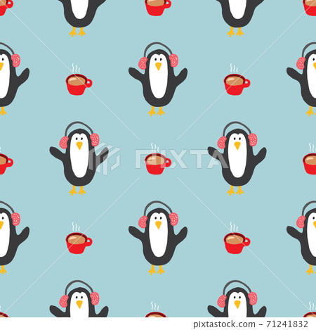 New Year and Christmas seamless pattern with penguins, hand drawn doodles Seamless Pattern. Background Vector Illustration 71241832