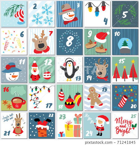 Christmas advent calendar. Hand drawn elements and numbers. Winter holidays calendar cards set design, Vector illustration 71241845