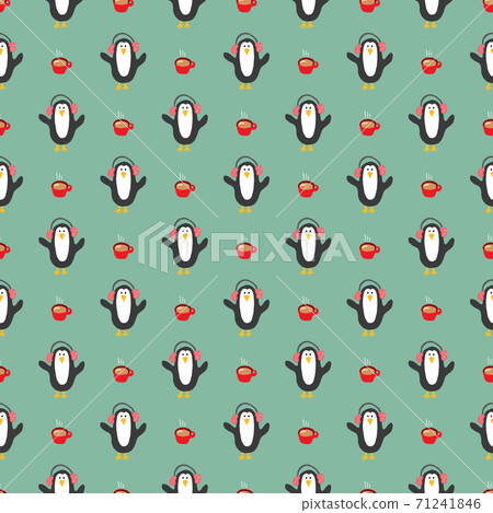 New Year and Christmas seamless pattern with penguins, hand drawn doodles Seamless Pattern. Background Vector Illustration 71241846