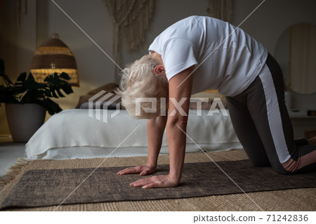 Caucasian woman on mat doing cat stretch posture for spine. Caucasian woman on mat doing cat stretch posture for spine. 71242836