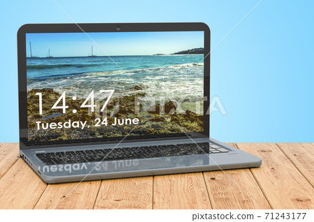 Laptop on the wooden planks, 3D rendering 71243177