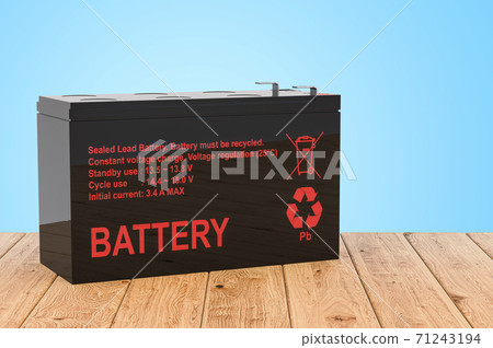 Sealed UPS batteries on the wooden planks, 3D rendering 71243194