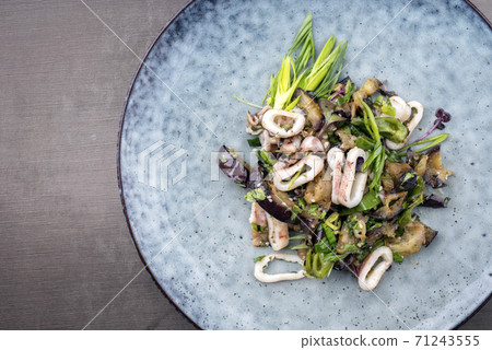 Modern style Asian squid eggplant ragout with scallions and sesame  71243555