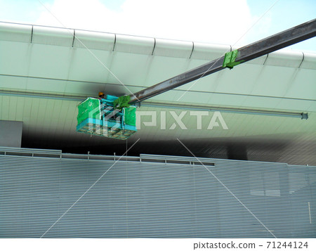 SELANGOR, MALAYSIA -FEBRUARY 16, 2017: Construction workers using mobile crane bucket while working at high level in the construction site. The bucket movement control by the workers himself. SELANGOR, MALAYSIA -FEBRUARY 16, 2017: Construction workers using mobile crane bucket while working at high level in the construction site. The bucket movement control by the workers himself. 71244124