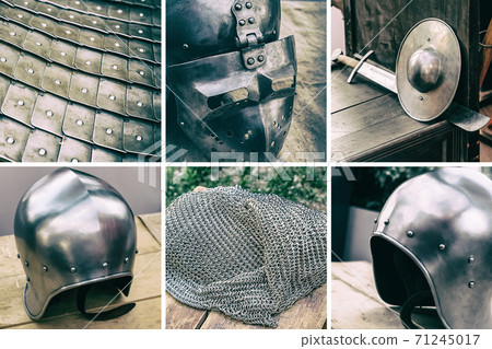 collage iron military helmet, chain mail and shield with a sword close-up protection of a warrior 71245017